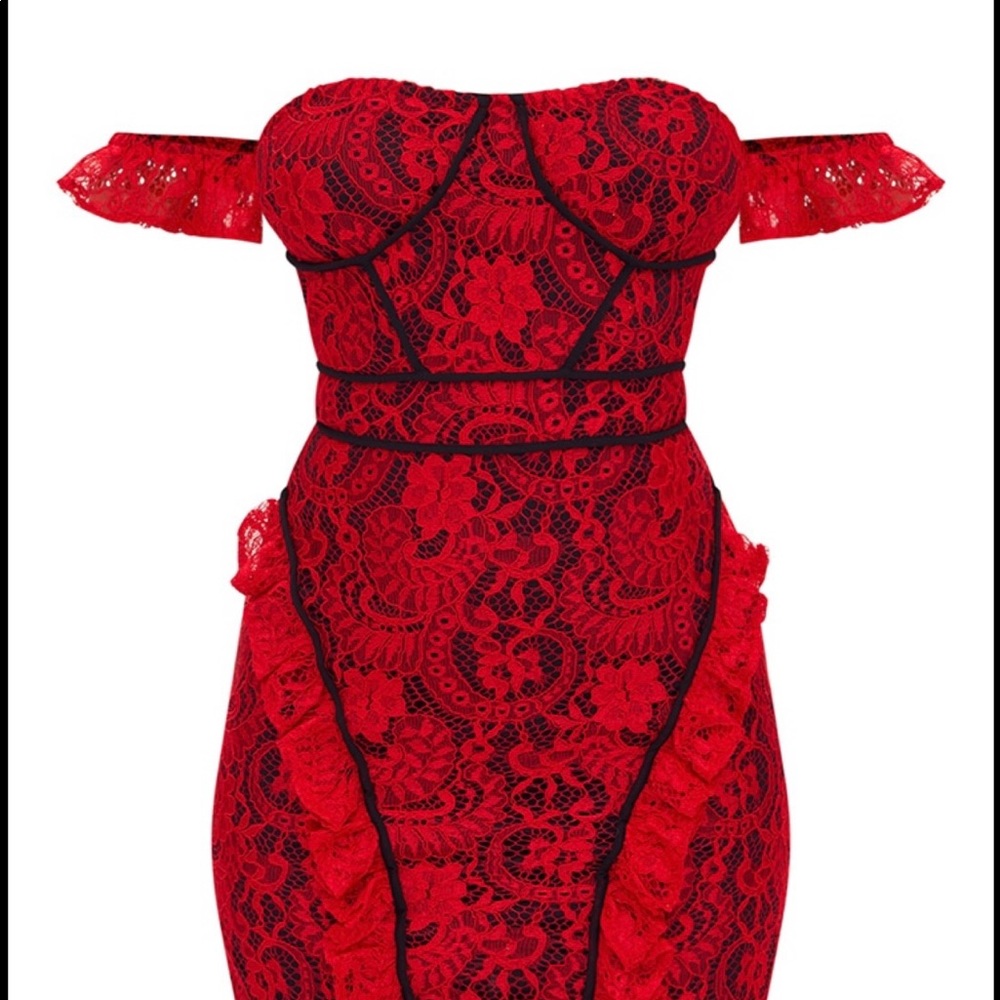 Red Lace Contrast Arm Cuff Bodycon Dress